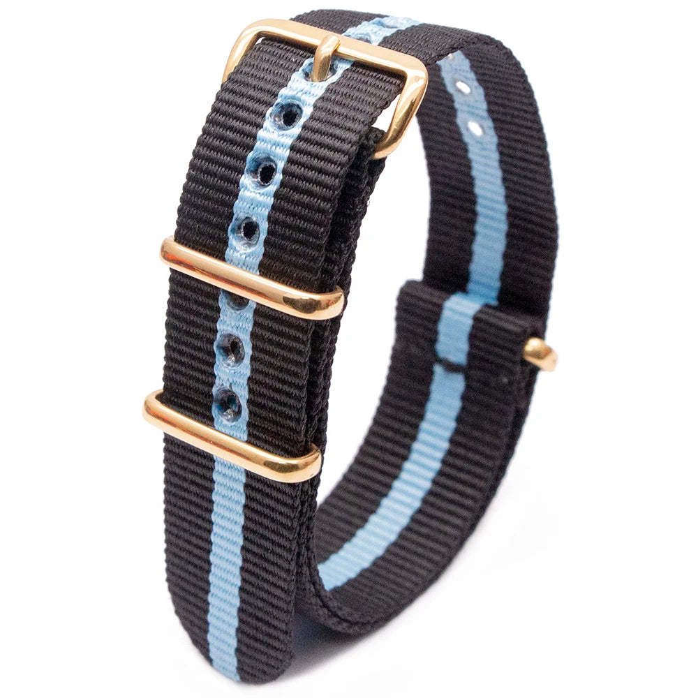 High Quality Luxury Striped Nylon Smart Watch Strap 18MM 20MM 22MM Gold Square Buckle Wear-resistant Woven Strap Qme 2Black1SkyBlue 18mm