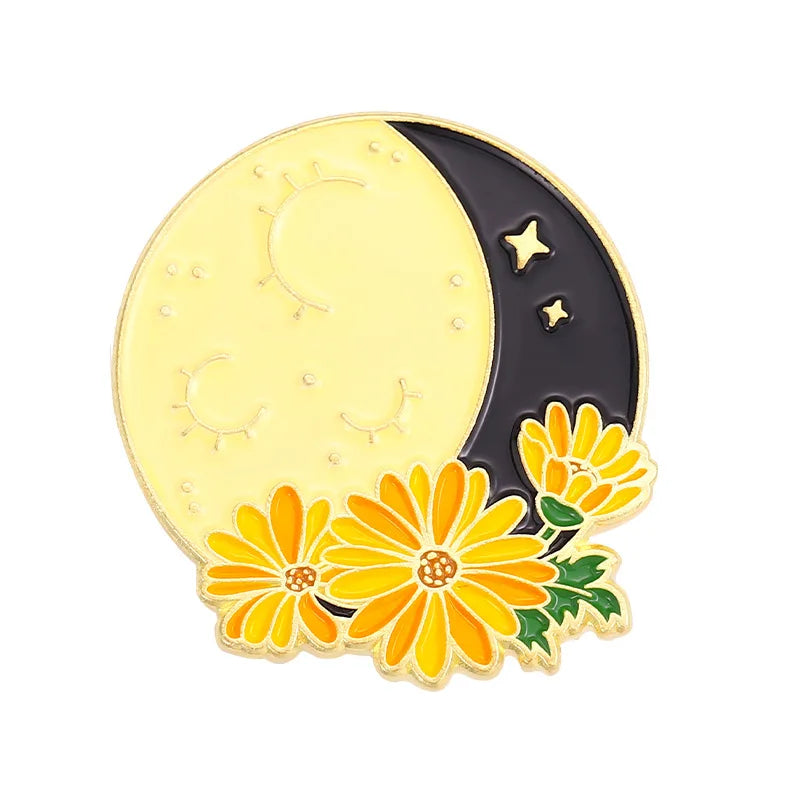 Flower Sun Moon Phase Enamel Pin Metal Badge Daisy Rose Astrology Brooch Lapel Backpack Accessories Jewelry Friends Wholesale Qme style 6