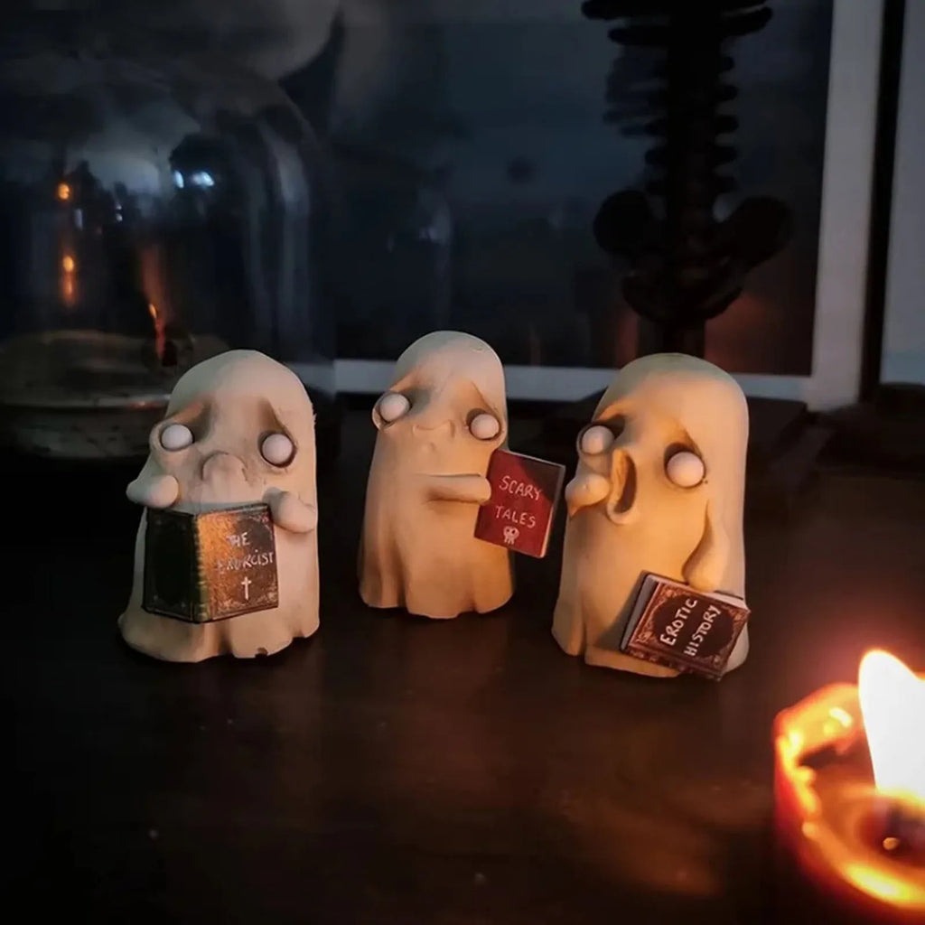Halloween Horror Ghost Reading Book Resin Ornaments Funny Cute Little White Ghost Accessories Halloween Party Supplies Qme