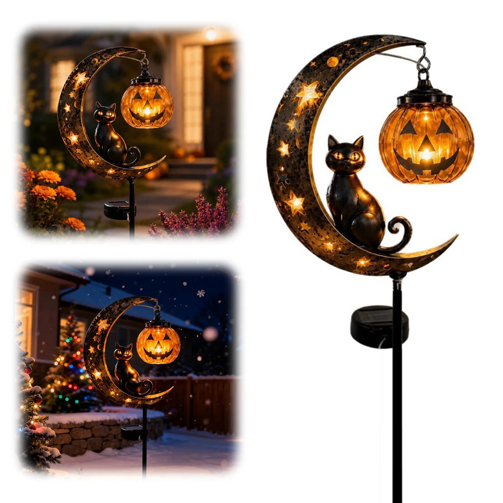 Iron Black Cat Moon Ground Lamp Waterproof Solar-Powered Garden Light with Auto On/Off Solar Garden Lights for Yard/Patio Decor Qme