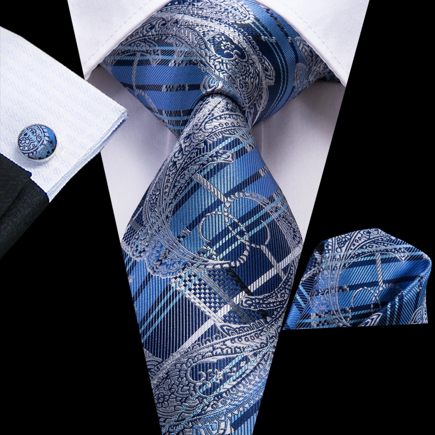 Designer Wedding Tie Men Blue White Plaid Handky Cufflink Red Gray Qme 3261