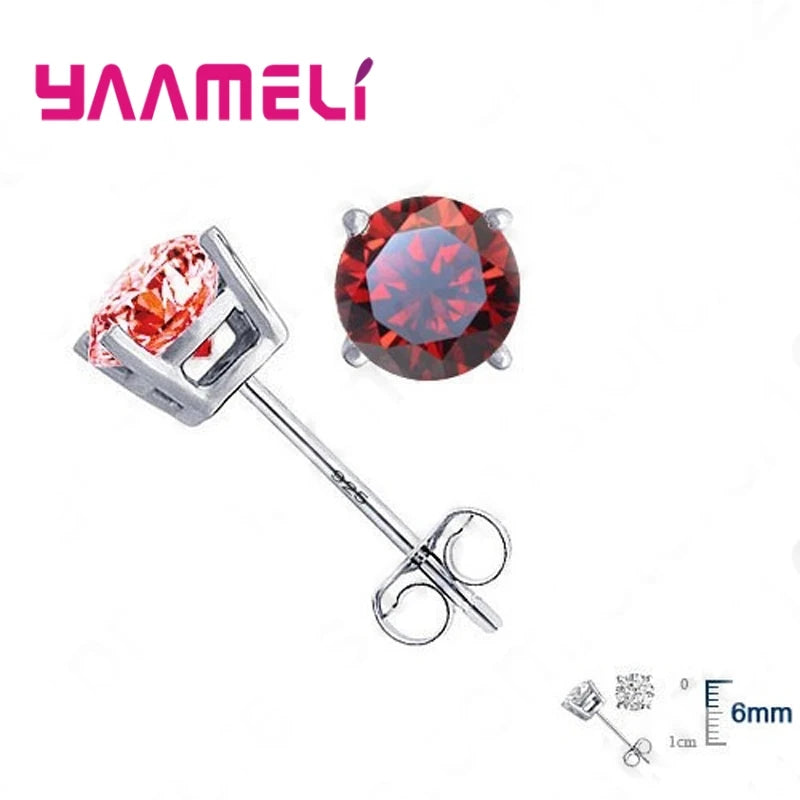 Classic CZ Crystal Stud Earrings 925 Sterling Silver Color for Women Men Unisex Gift AAA Cubic Zircon Wedding Party Jewelry Qme Red