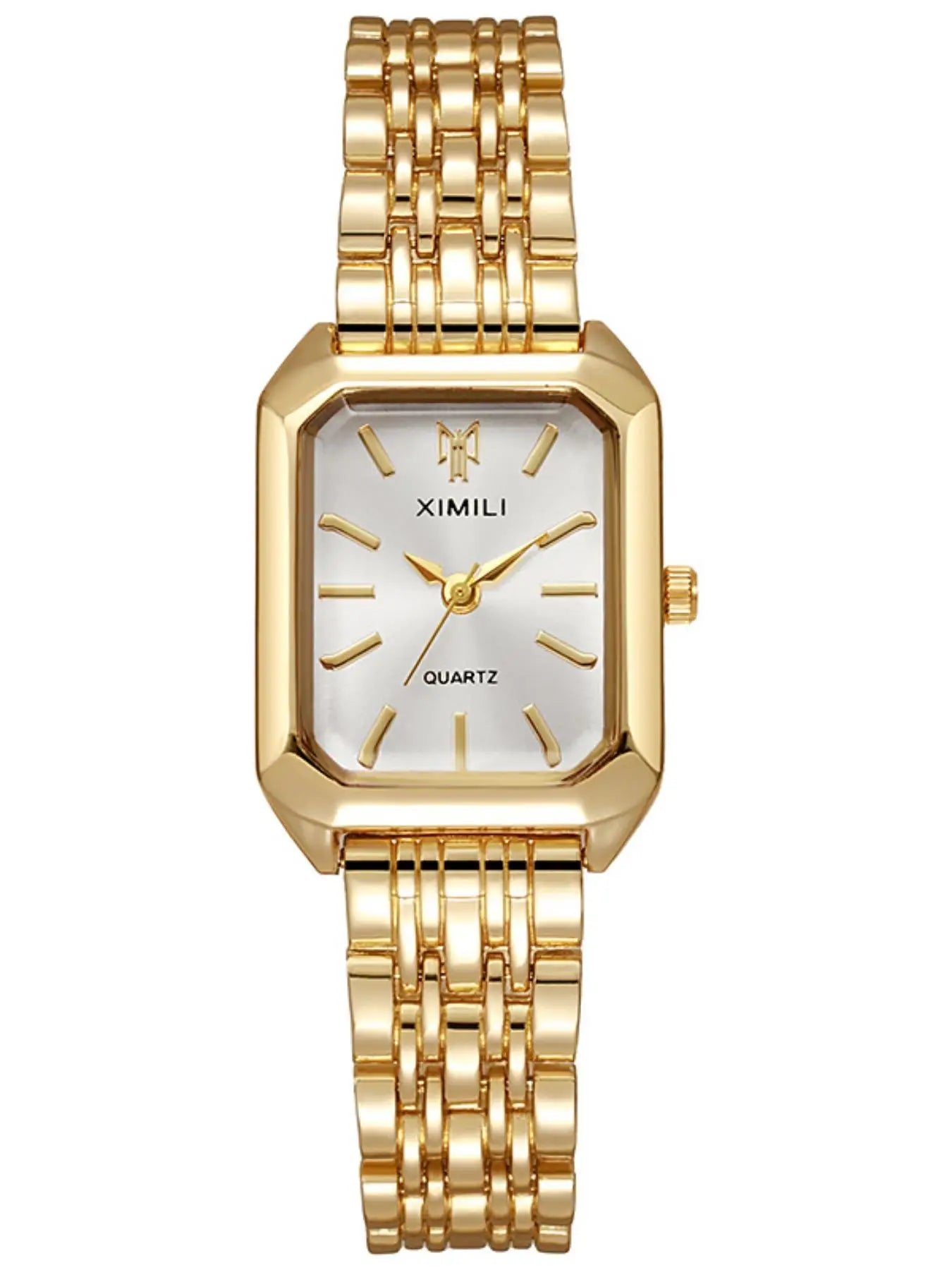 Women Gold Square Watch, Vintage Octagonal Case White/Green Dial Stainless Steel Band Quartz Wristwatch Qme