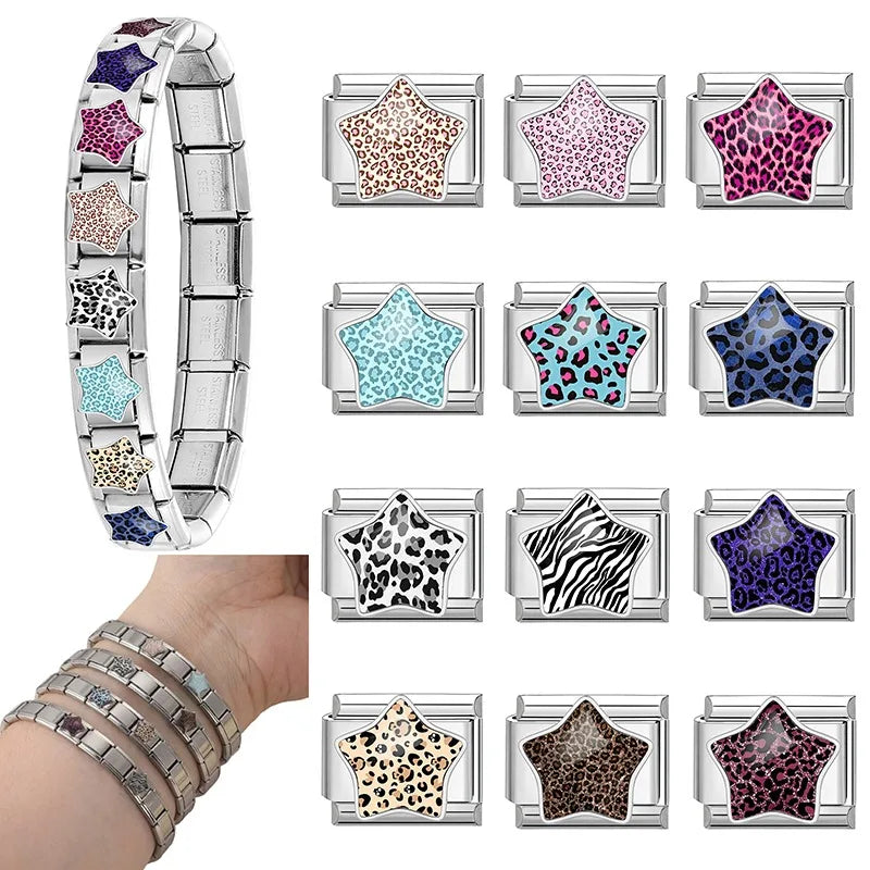 Trendy Zebra Pattern Star Leopard Print Purple Italian Charm Links Fit 9mm Stainless Steel Modular Bracelet DIY Making Jewelrys Qme