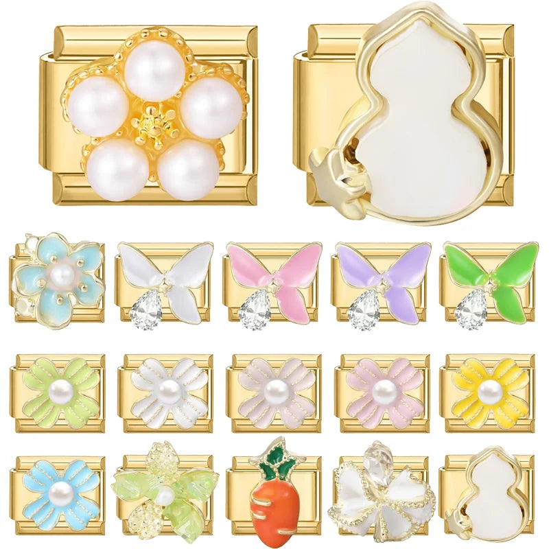 2026 Fashion Vintage Golden Pearl Flowers Gourd Shiny CZ Butterfly Italian Charms Fit 9mm Stainless Steel Bracelet Jewelry Gift Qme