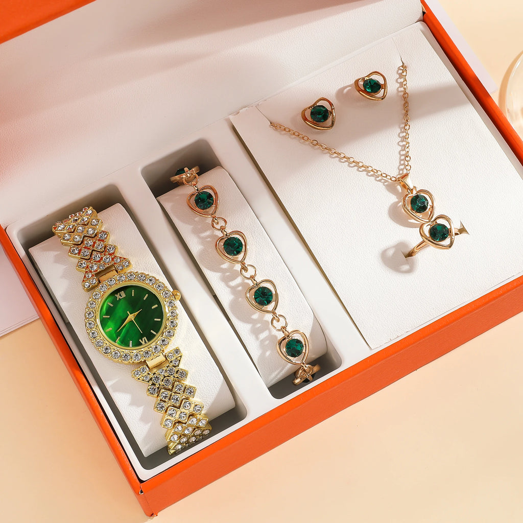 Steel Quartz Watch with Female Simple Fashion Bar Dial + Diamond Love Bracelet Set 6 Units/Set Qme