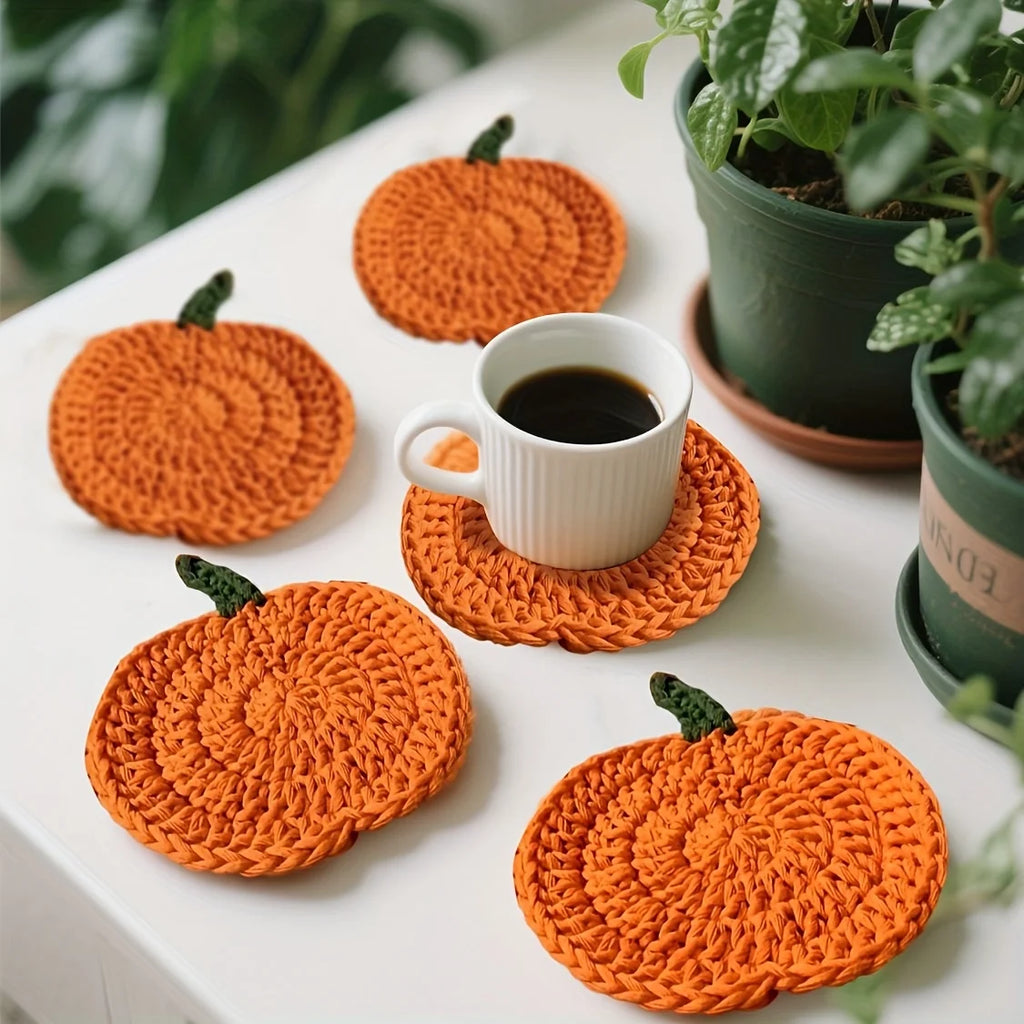 Crochet Pumpkin Coasters,Funny Handmade Knitted Coaster, Cute Pumpkin Shaped Mug Cup Mat Table Desk Decoration Housewarming Gift Qme