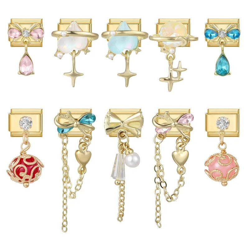 Brilliant Inlay Enamel Ball Pendant Heart Star Bow Italian Charm Links Fit 9mm Stainless Steel Bracelet Women Jewelry DIY Making Qme