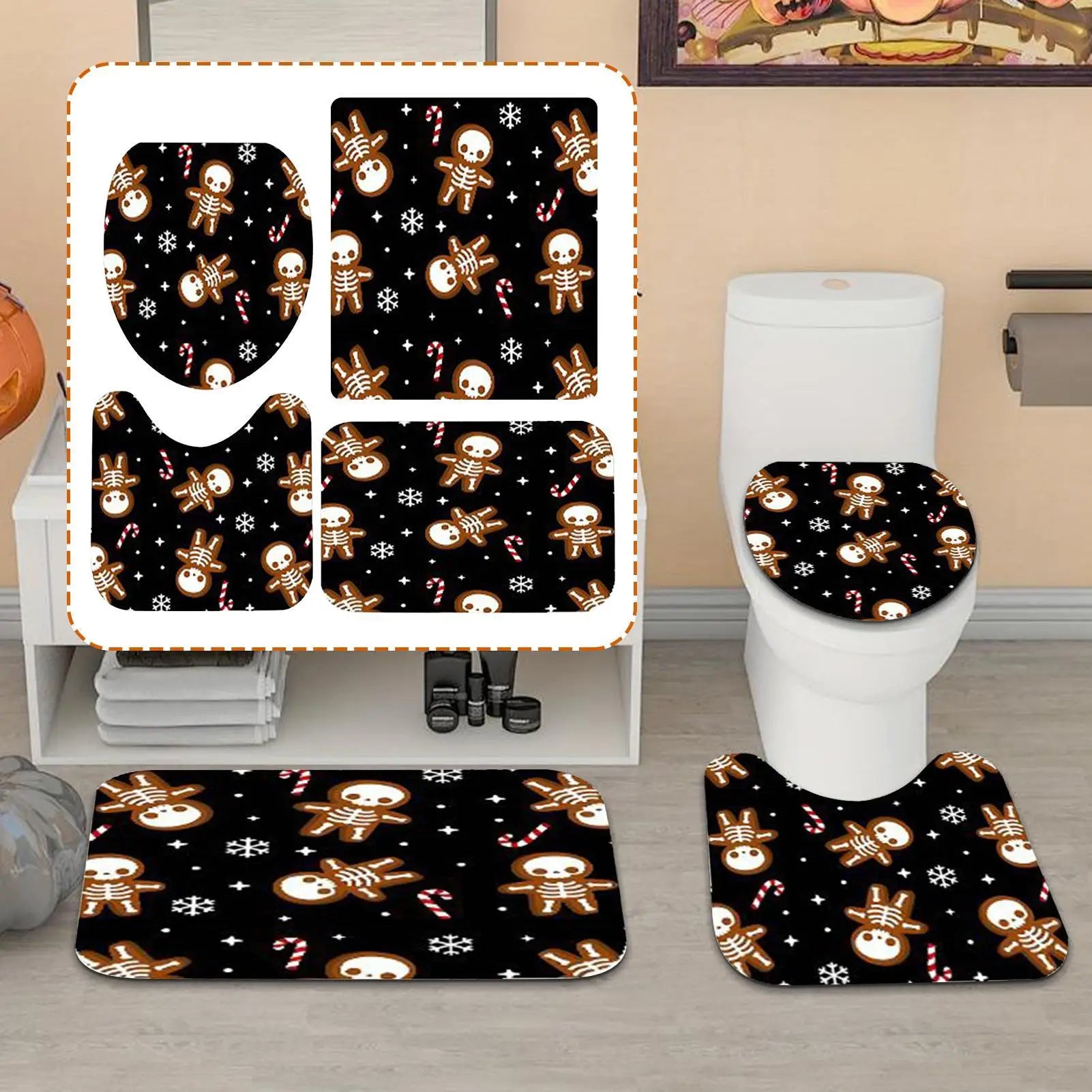 Halloween Bathroom Shower Curtains Non Slip Skull Rugs Toilet Lid Qme