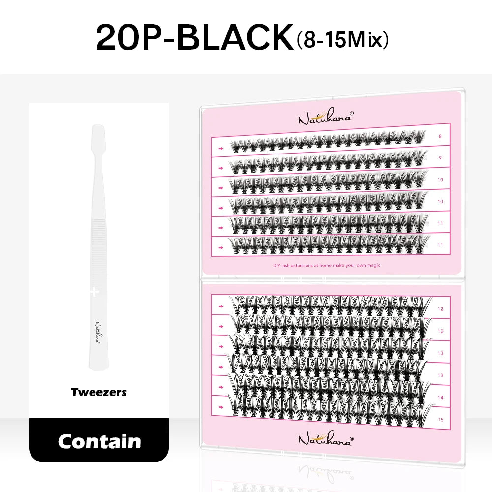 NATUHANA 10D 20D 30D 40D Cluster Eyelashes DIY Mink Individual Lashes Qme 20P Black T Mix 8-15mm