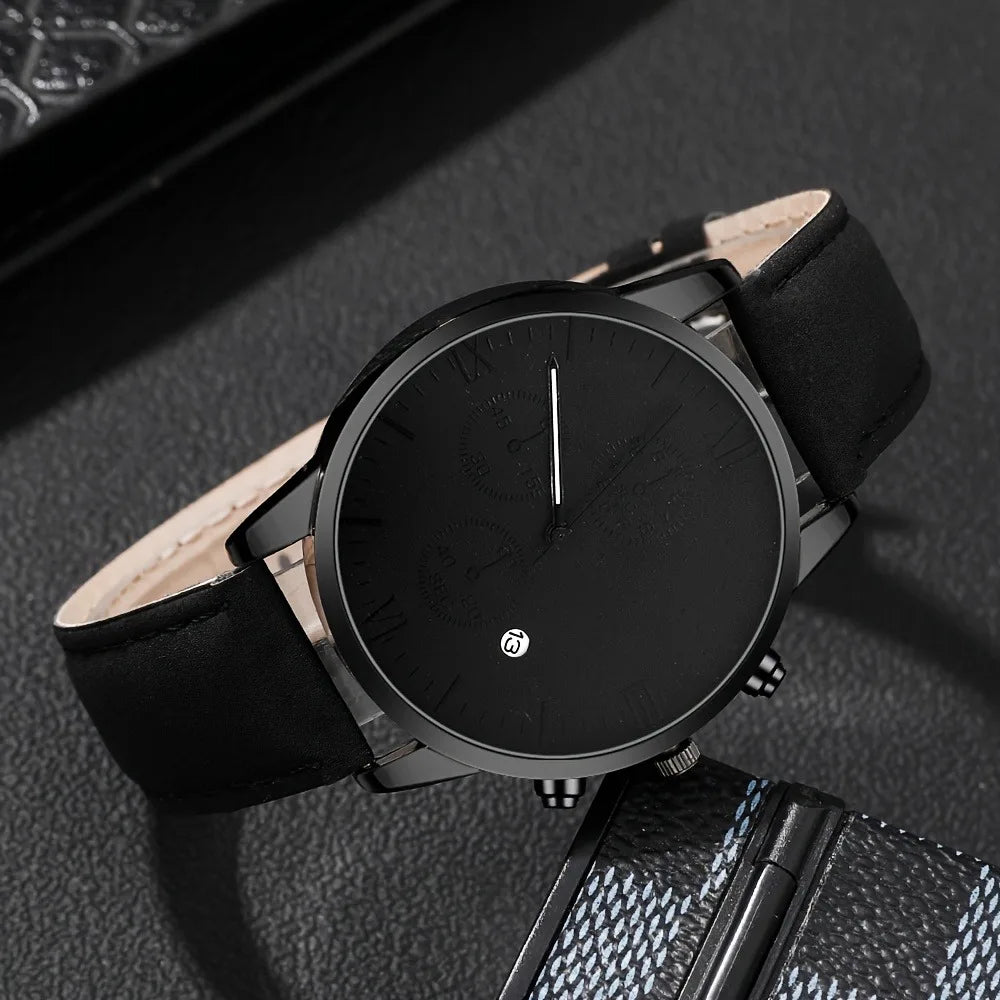 3PCS Fashion Roma Dial Men Business Watches Casual Leather Band Calendar Quartz Wristwatch Jewelry Set Reloj Hombre（Without Box） Qme