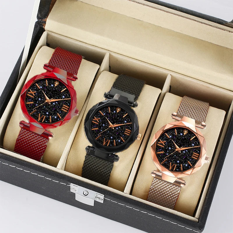 Luxury Starry Sky Women Watches Magnetic Mesh Belt Band Watch Women's Fashion Dress Wristwatch Zegarek Damski Reloj Mujer Qme 3pcs Without box