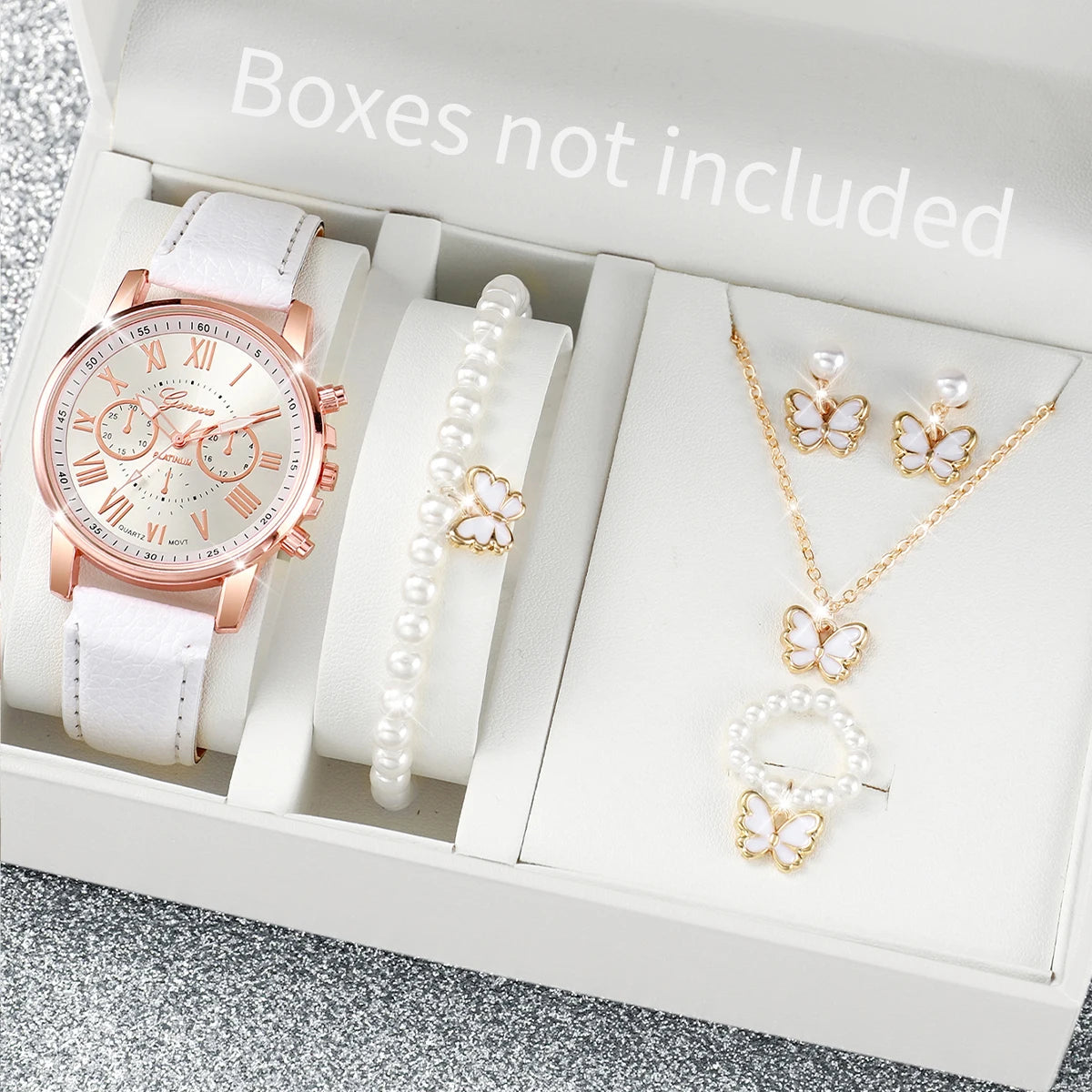 Elegant Roman Dial Ladies Watch with Complete Butterfly Pearl Jewelry Kit Qme WHITE