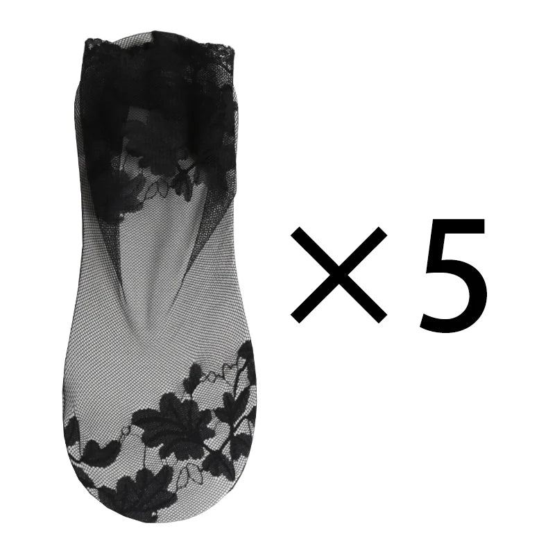 5 Pairs Lot Socks Breathable Elastic Women's Lace Transparent Qme A- 5 pairs