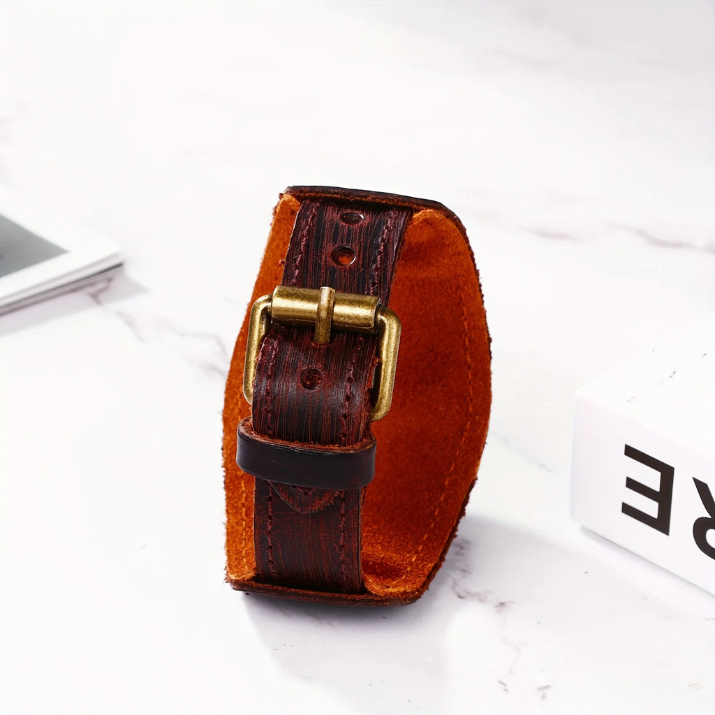 【 Halloween 】 1pcs Simulated Quartz Steampunk Halloween Genuine Leather Watch for Men, Dark Brown Qme