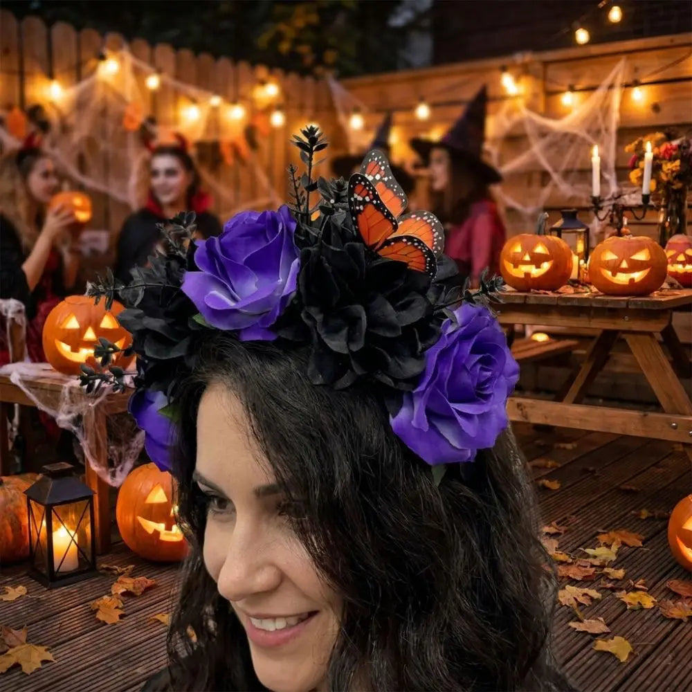 Gothic Halloween Rose Flower Crown with Butterfly Realistic Artificial Flower Headband Simulated Vintage Qme