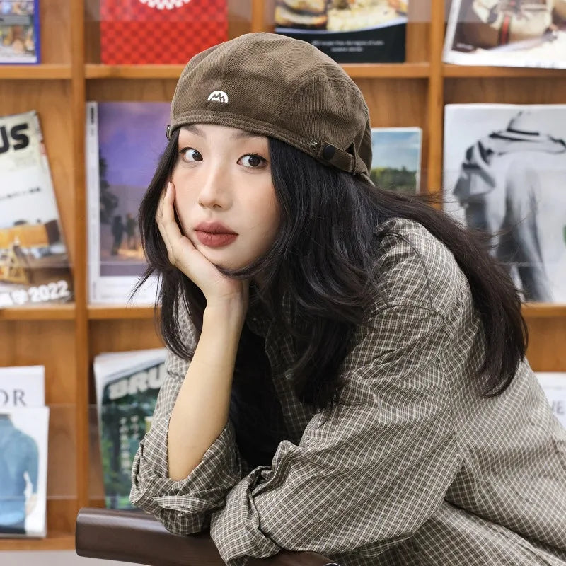 Embroidered Half-circle Beret Corduroy Autumn Winter Hat Trendy Qme