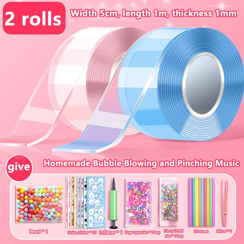 Kids Gifts PET Nano Glue DIY Blow Bubble Double Sided Tape Sticky Qme A11