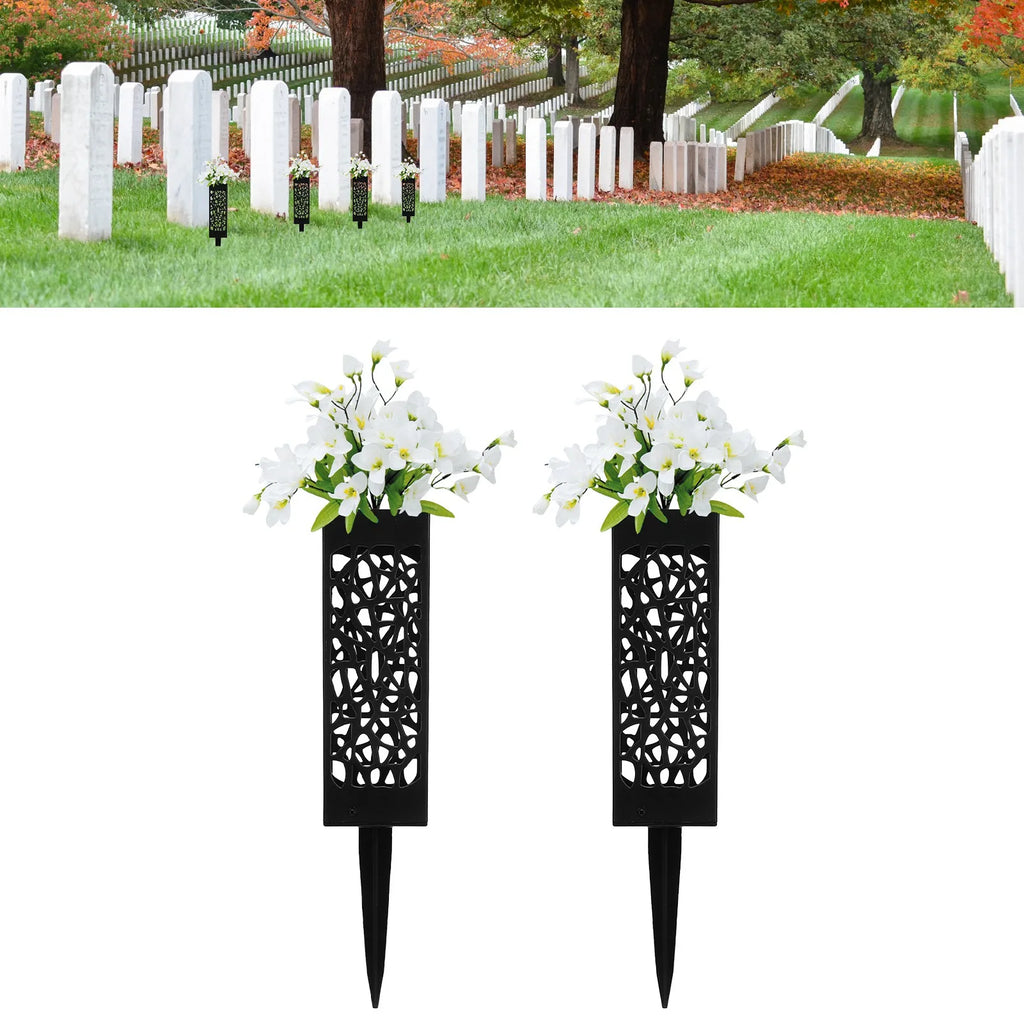 2Pcs Cemetery Grave Vase Black Column Hollow Design Ground Insert Memorial Flower Holder Easy Installation Grave Decoration Qme