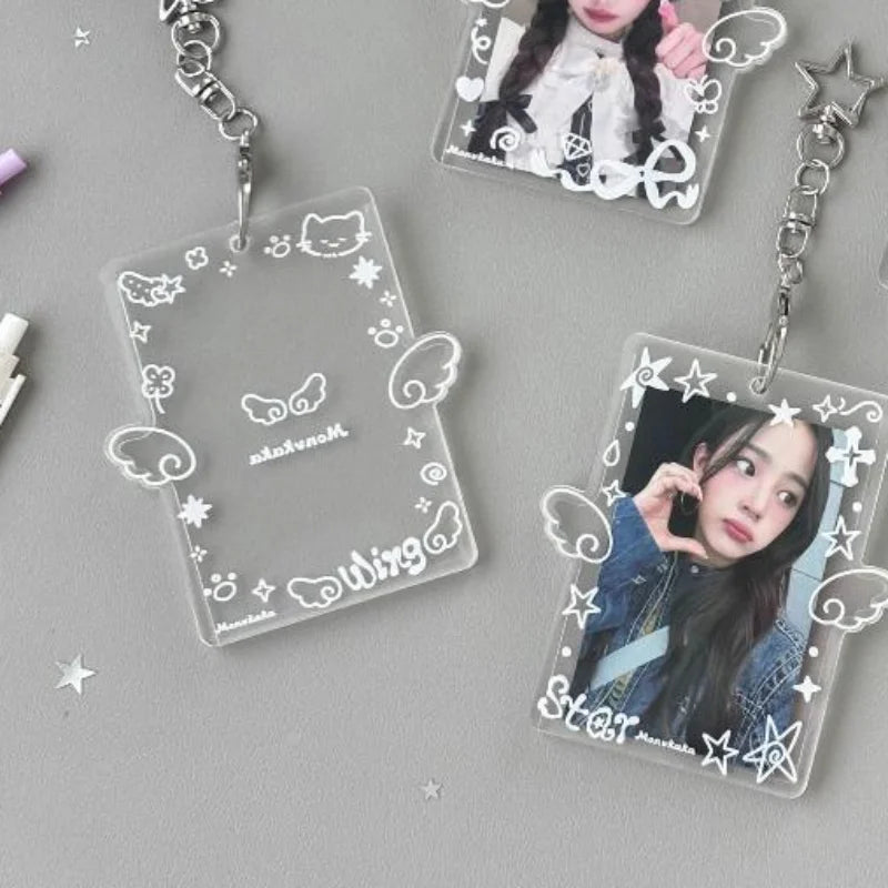 Clear Acrylic Photocard Holder Adorable Wing Print Star Keychain Portable for Fans Backpack Hanging Decor Gift Qme