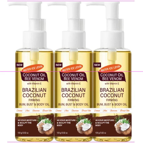 Brazilian Coconut Firming Body Oil, 48H Moisture & Sculpting with Acai, Guarana & Hyaluronic Acid for Bum & Bust Qme BROWN 100g