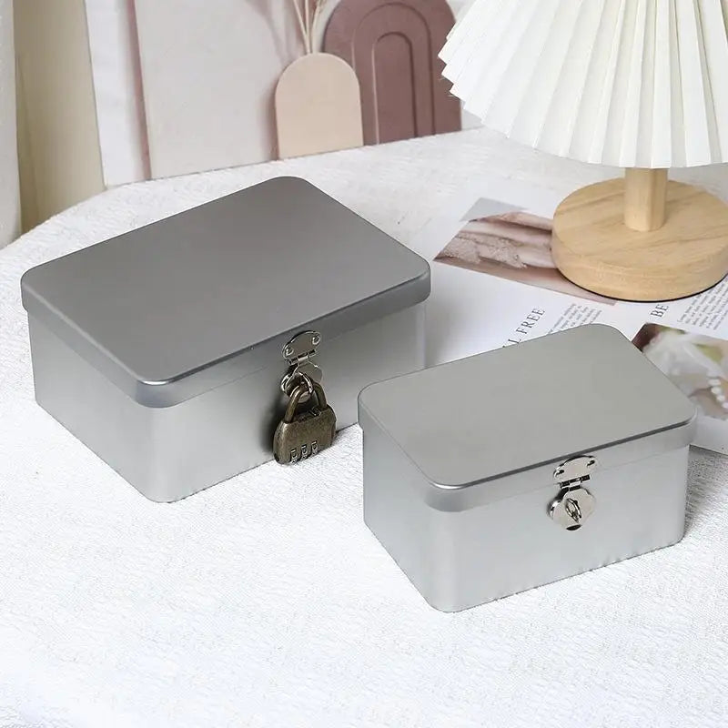 Silver Lockable Tin Storage Box Multifunctional Desktop Metal Jewelry Qme