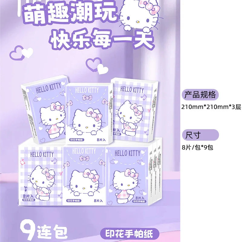 Hello Kitty Kuromi 9-Pack Printed Handkerchief Tissue Travel Tissue Cute Student-Style Small Packet Napkins Facial Tissue Qme 2