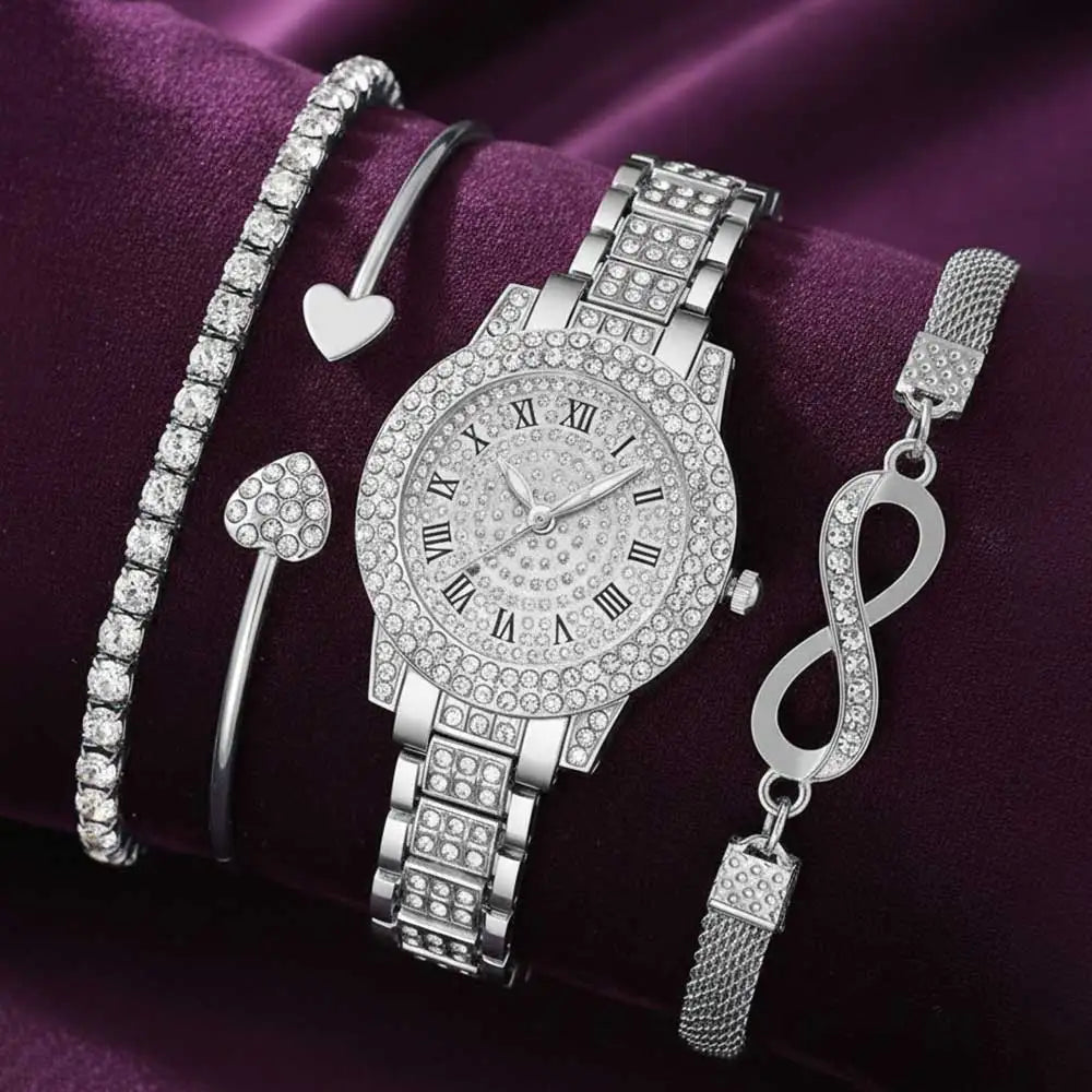 Golden full diamond Roman dial women's watch heart opening bracelet infinite symbol bracelet with fine diamond arrangement Qme Silver
