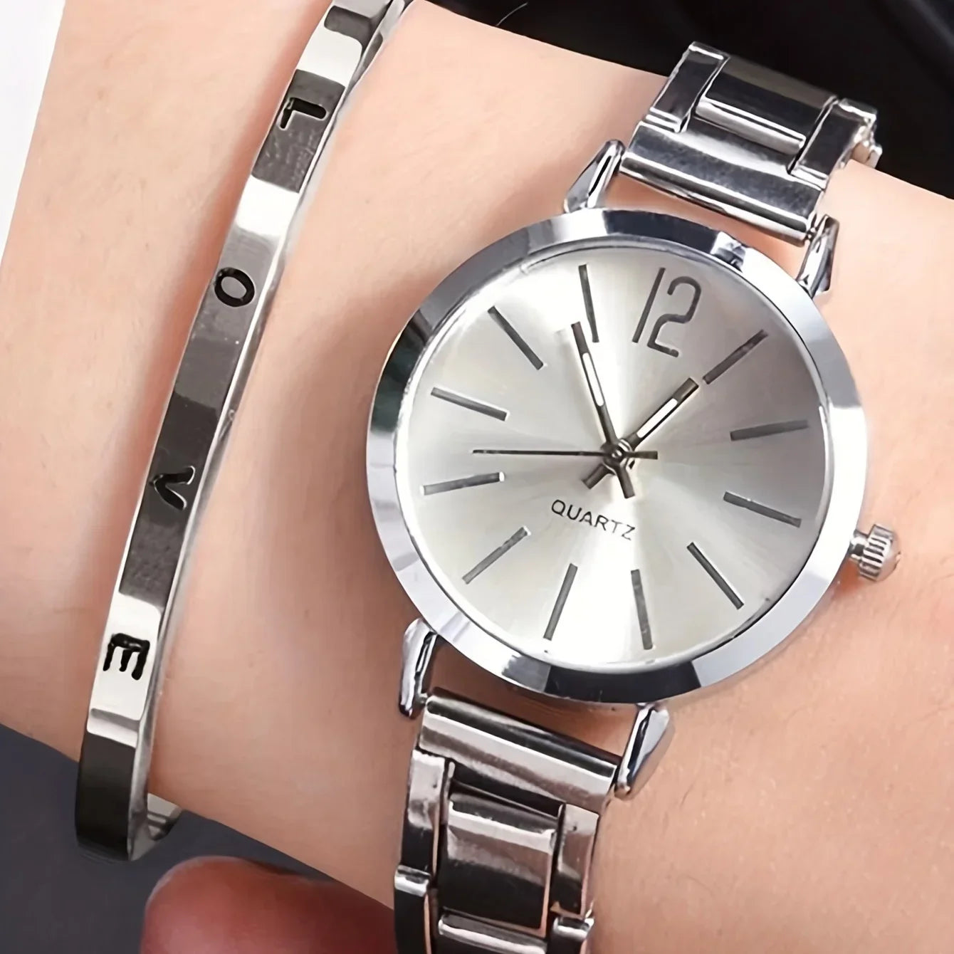 Ladies Fashion Simple Digital Alloy With Quartz Watch LOVE Bracelet 2pcs Set Qme Silver