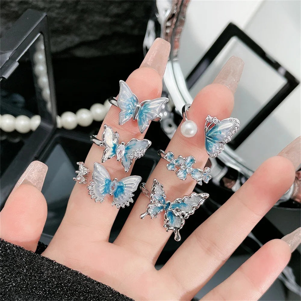 Exquisite Ice Blue Butterfly Open Ring, Fashionable Women's Simple Style Jewelry Party Cocktail Party Accessories Qme