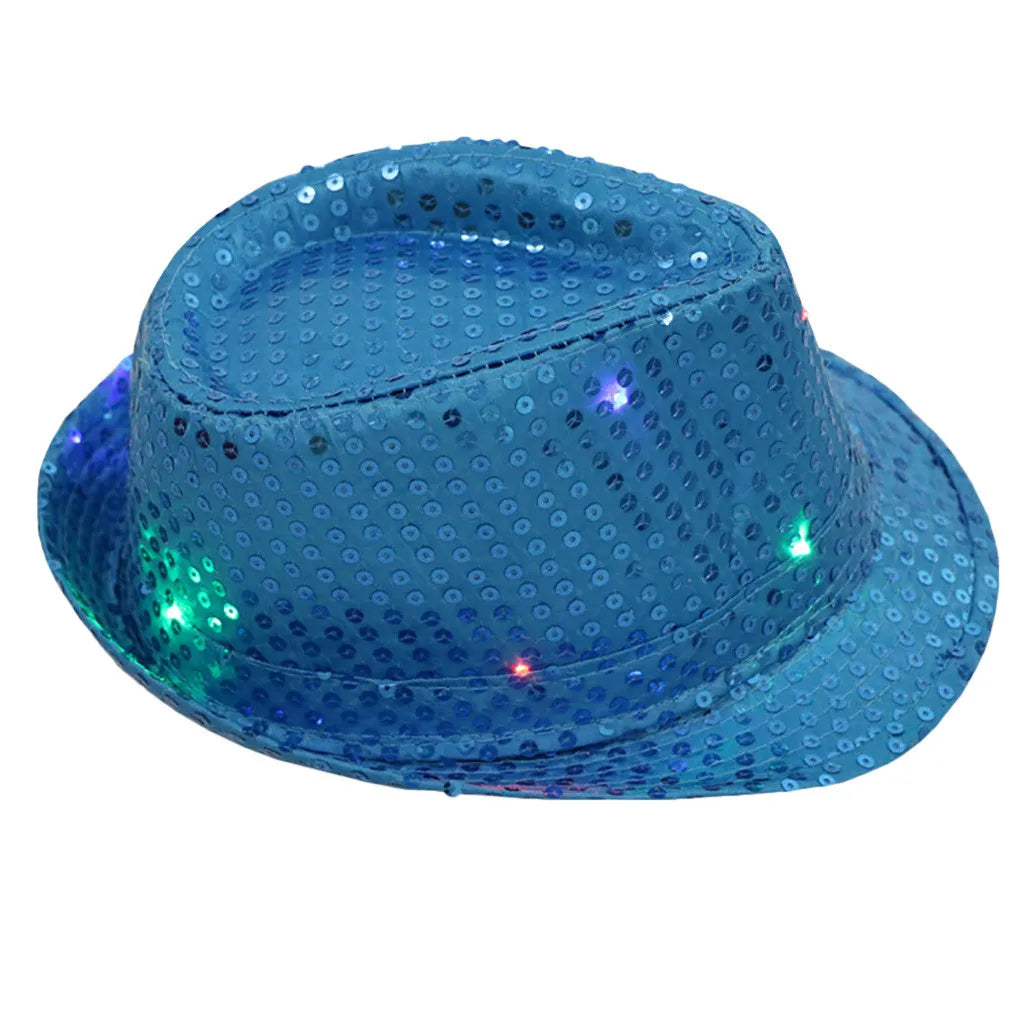 Unisex Hip Hop Jazz Hat Fancy Party Stage Dance Sequins Show Glitter Caps Performance Costume Clown Magician Hat for Kids Qme Blue