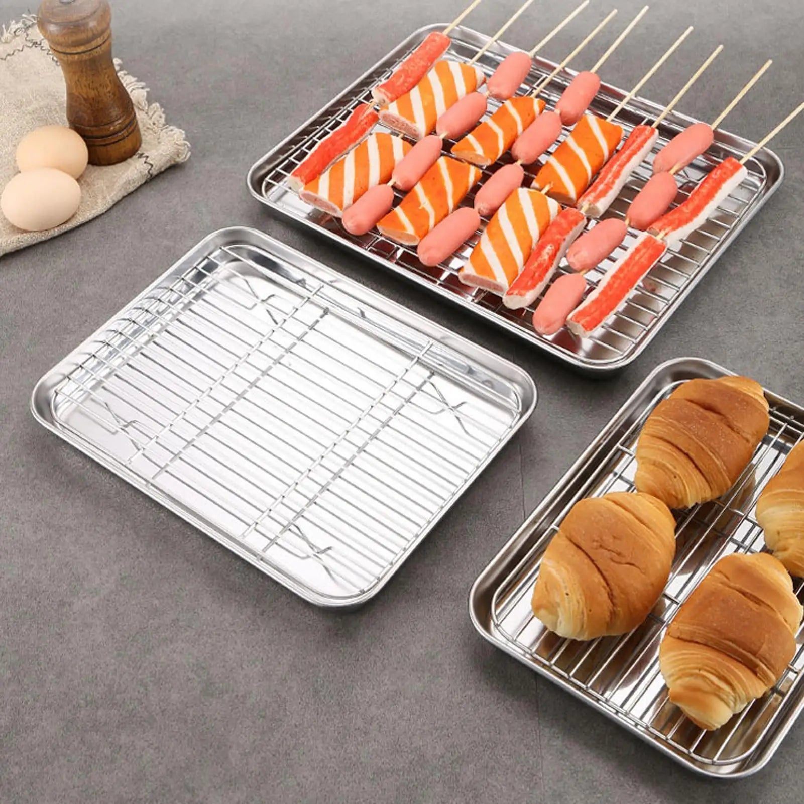 Baking Pans Set Stainless Steel Non-stick Multipurpose Trays With Cooling Rack Cooking Wire Rack For Cooking BBQ Outdoor Table Qme