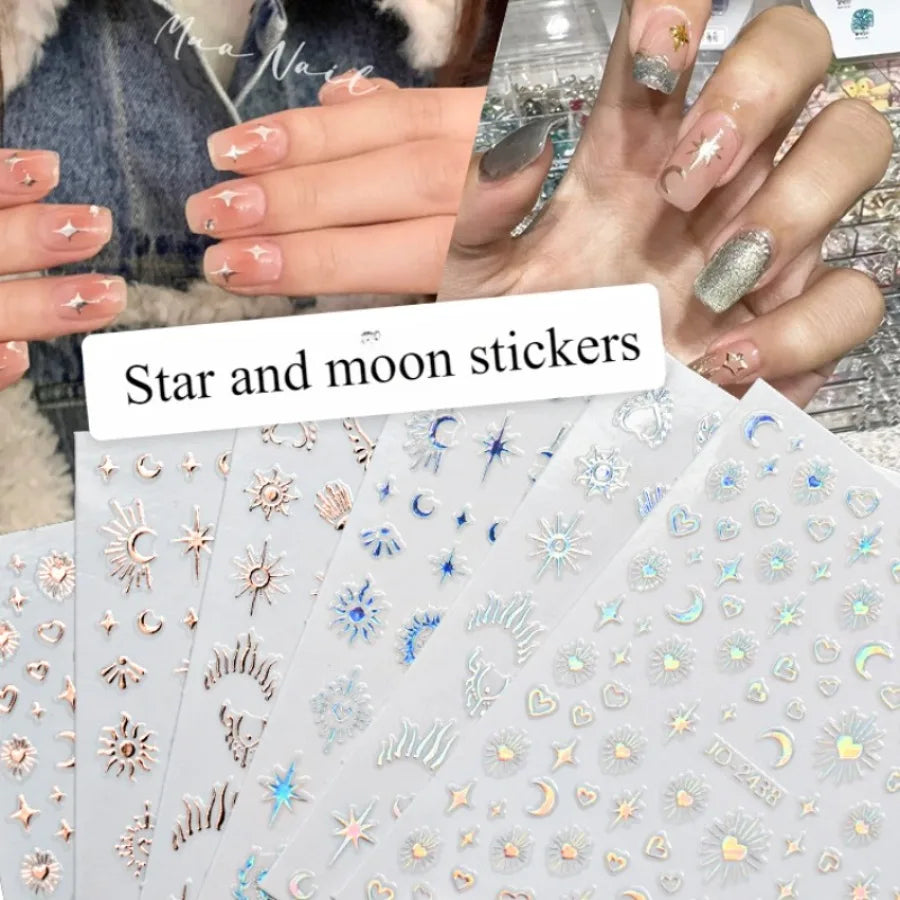 1 Sheet Moon Star Sun Design Nail Stickers Self-adhesive Gold Art Qme