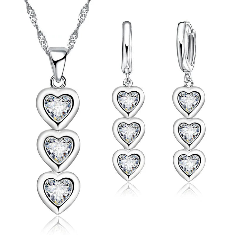 Romantic Gifts Jewelry Sets Shiny 925 Sterling Silver Color CZ Crystal Hearts Cubic Zircon Stones Pendant Necklace Earrings Qme Default Title