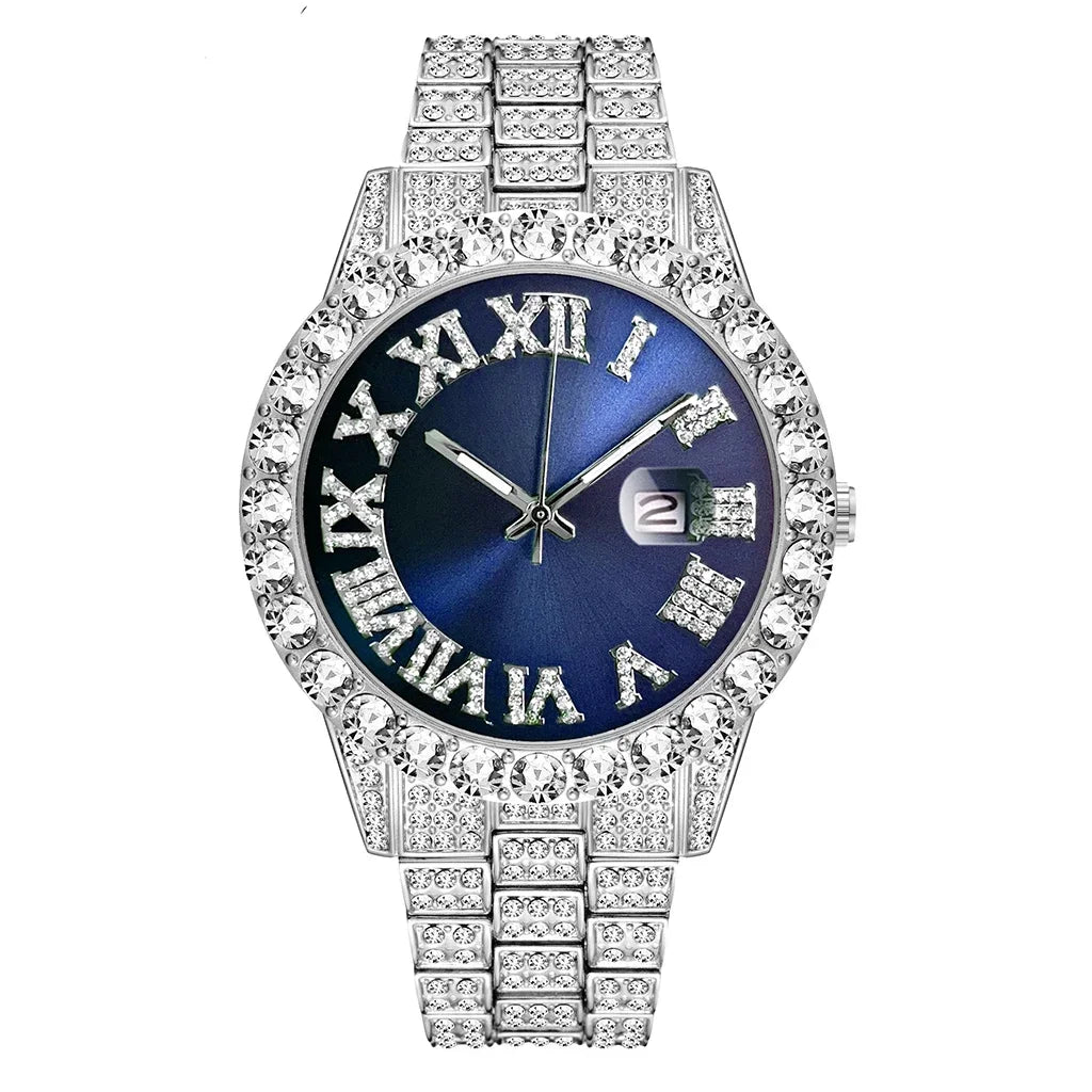 Iced Out Watch Men Luxury Brand Full Diamond Mens Watches AAA CZ Quartz Men's Watch Waterproof Hip Hop Male Clock Gift for Men Qme Silver Blue
