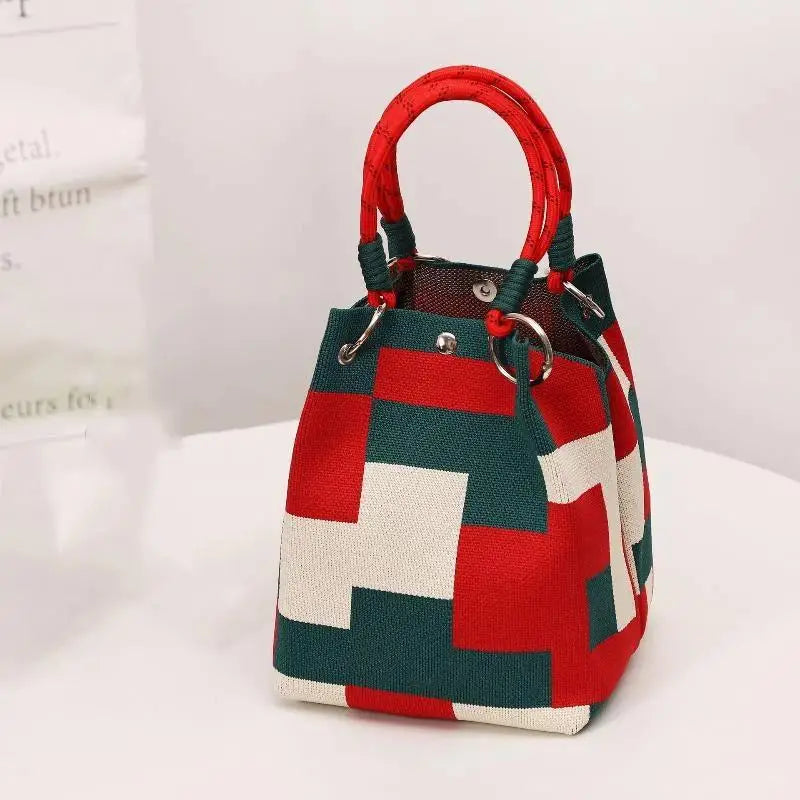 Mini Knitted Bucket Bag Women Small Handbag Geometric Colorblock Wristlet Purse With Detachable Handle 1PC Qme style 2