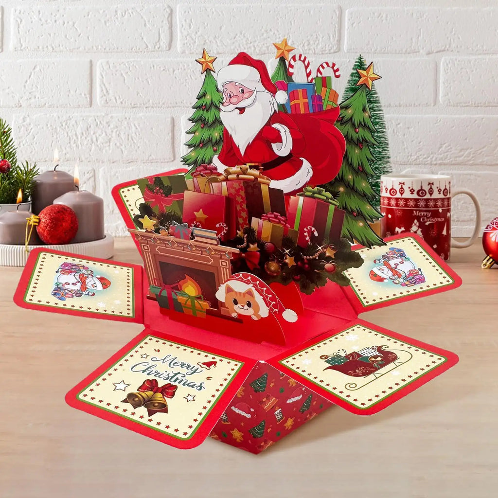 Merry Christmas 3D Cards Popup Santa Festive Greeting Hexagonal Qme