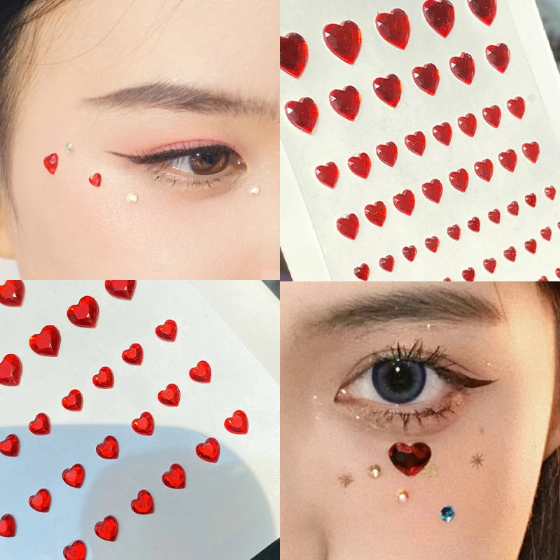 57Pcs/sheet Heart Rhinestone Face Jewels Stickers 3D Multicolor Self-Adhesive Gems For DIY Festival Party Eye & Face Makeup Deco Qme