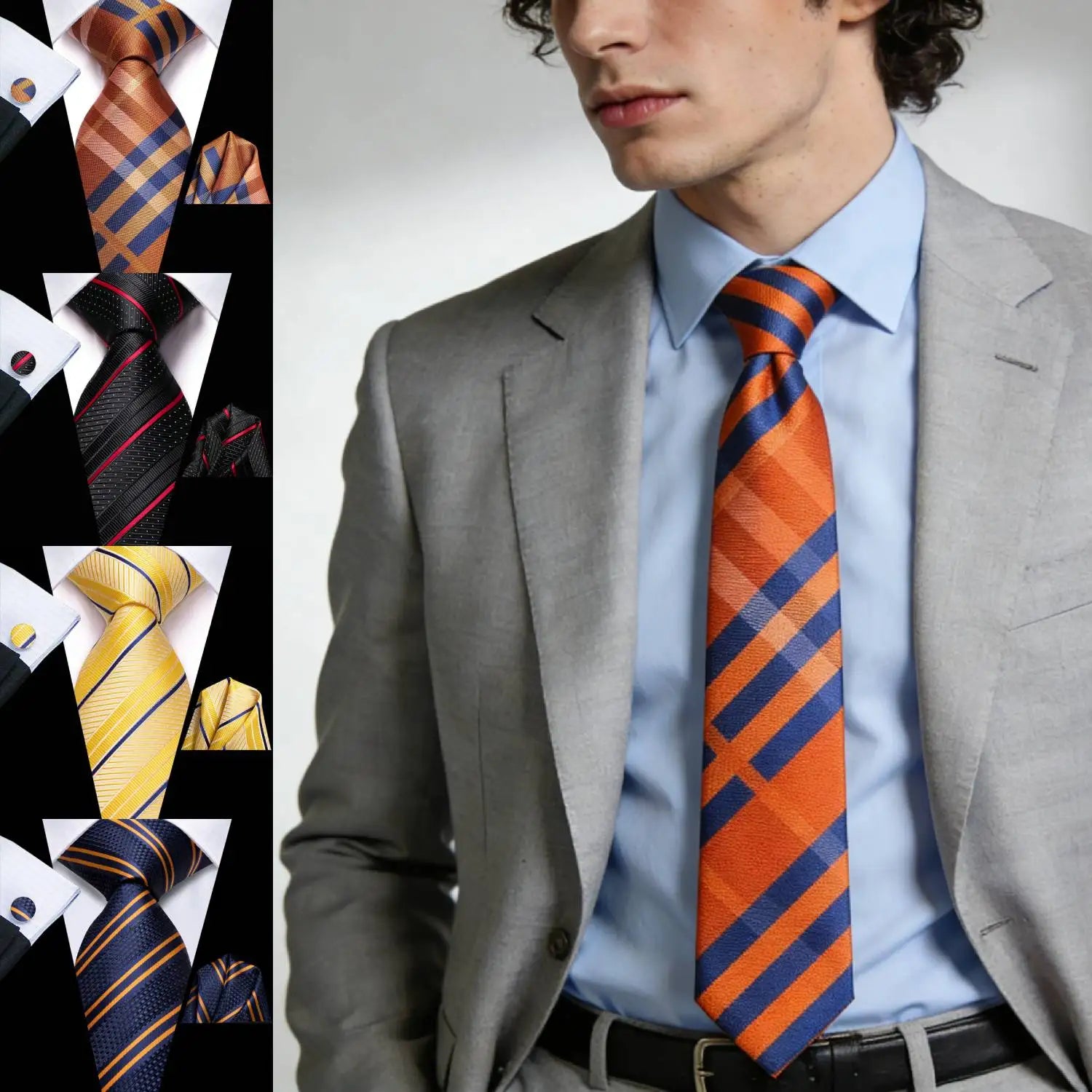 Extra Long Tie Set for Men, 3-Piece Wedding Accessories with Cufflinks & Pocket Handkerchief, Striped/Floral Design Qme