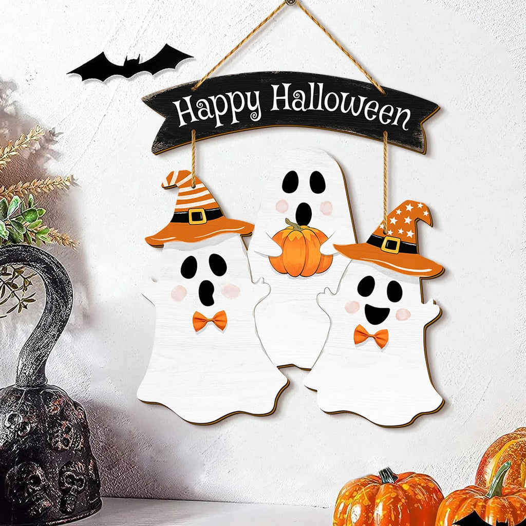 Halloween 2D wooden wall hanging sign, "Happy Halloween" banner, ghost pumpkin decoration with witch hat, Halloween home Decor Qme