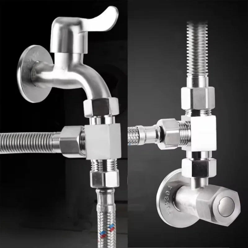 3 Way T Shape Water Splitter Valve Stainless Steel Angle Valve Adapter Qme