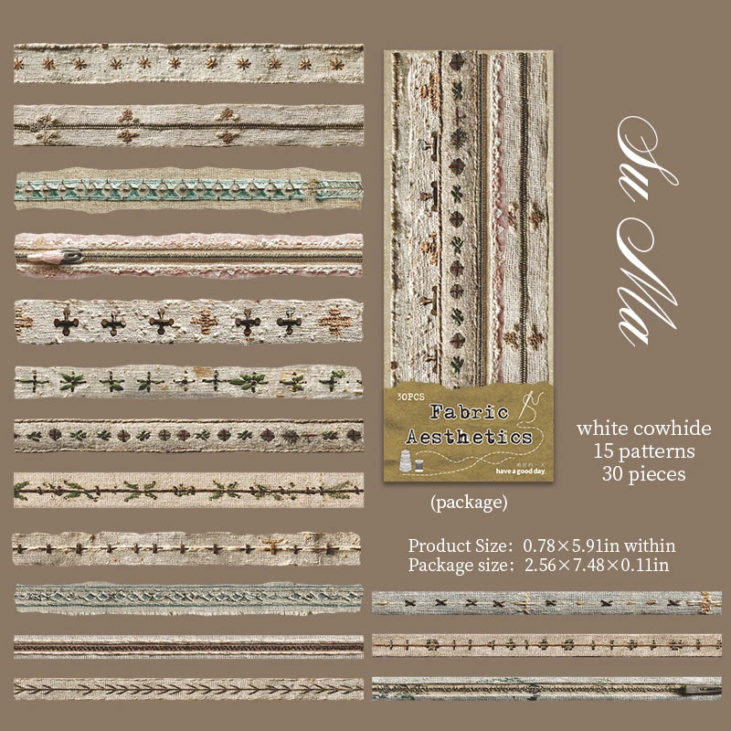 30 Sheets/Bag Fabric Aesthetics Theme Long Strip Scene Sticker Pack for DIY Craft, Scrapbook Material, Birthday Gift Qme 3