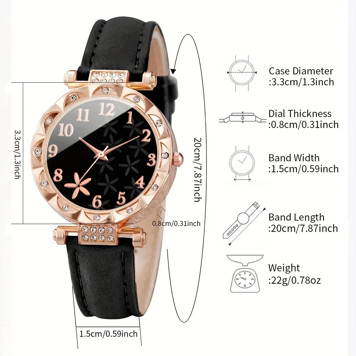 2pcs/set Women's Flower Rhinestone Fashion Quartz Watch Analog PU Leather Wrist Watch & Bracelet, Gift For Mom Her Qme