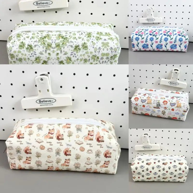 Beautiful Cartoon Animal Canvas Pencil Pouch Floral Design Zipper Bag Qme