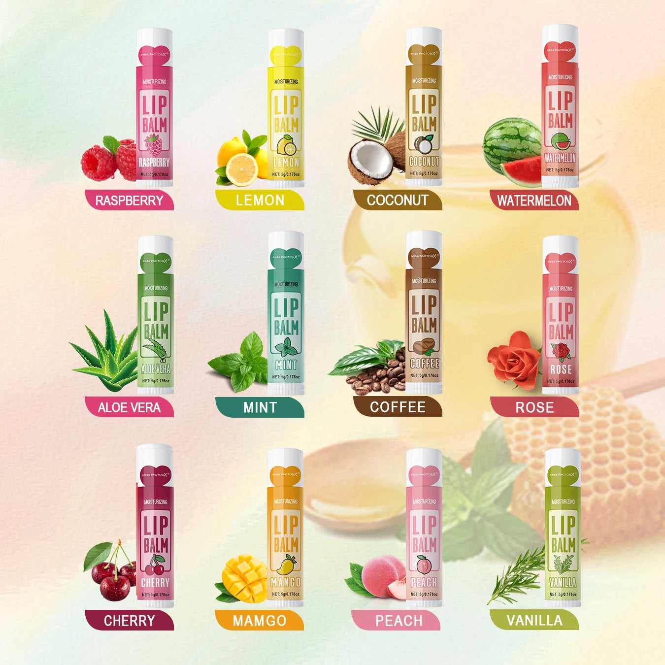 24PCS/ Box 12 Kinds of Flower and Fruit Lip Balm Set Gift Natural Fragrance Moisturizing Exfoliating and Brightening Lip Color Qme