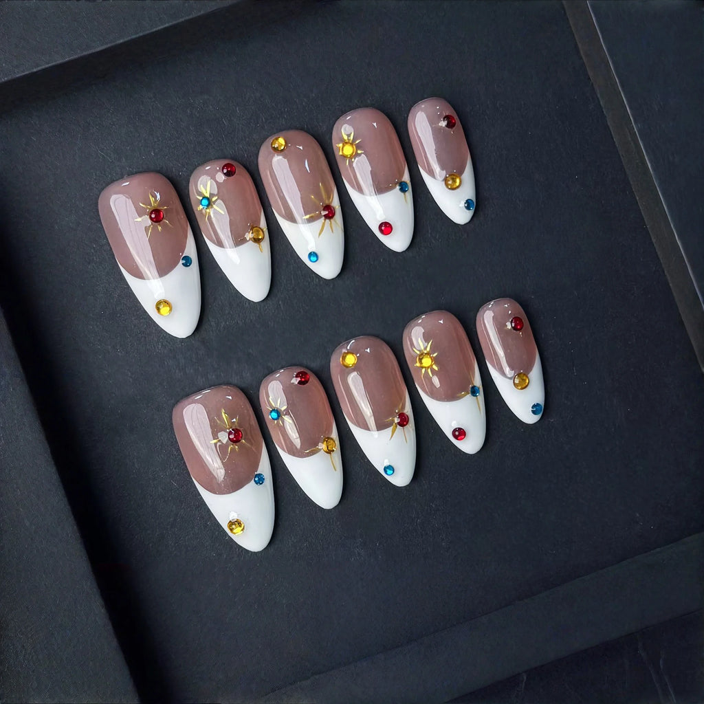 Handmade Press Nails French Cat Eye Glitter White Simple Diamond Qme GJ-CDJ-ZB76-M