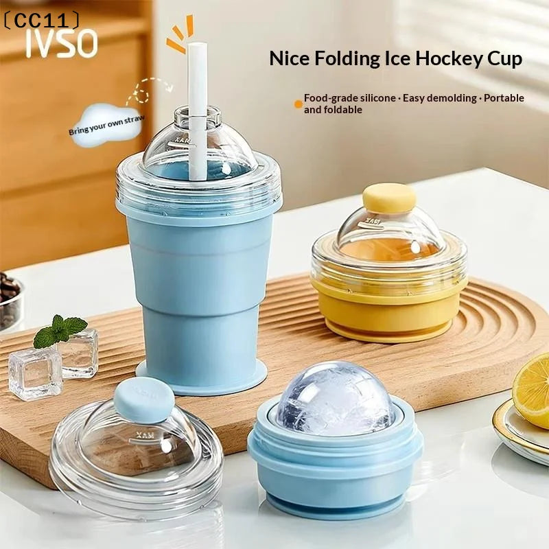 2-in-1 Silicone Ice Ball Maker Cup Foldable Leak-proof Travel Mug Qme