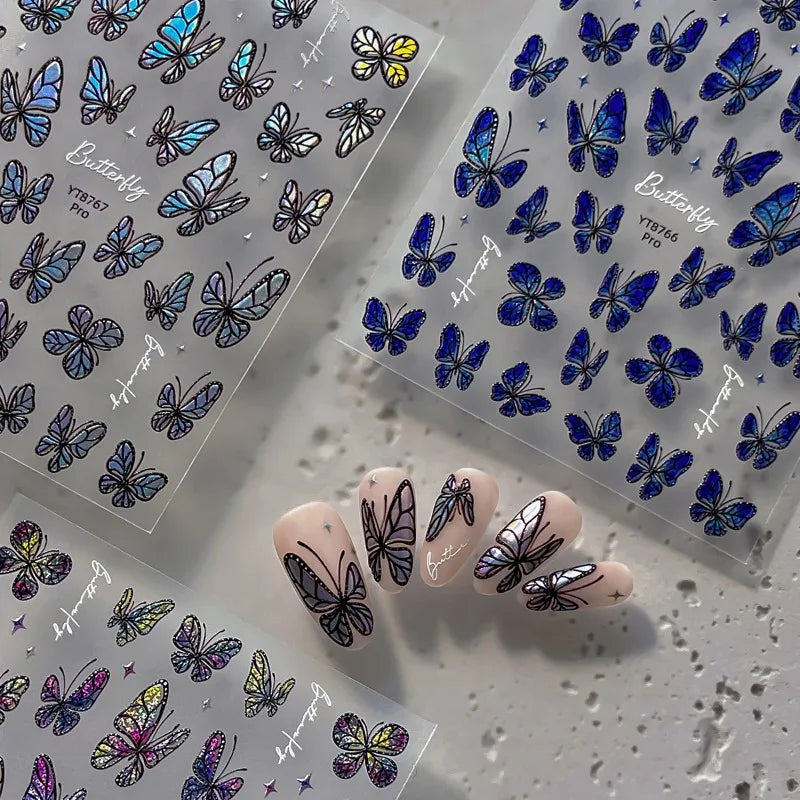 3D Embossed Holographic Butterfly Nail Stickers, Iridescent Aurora Self Adhesive Waterproof Decals for Nail Art DIY Manicure Qme