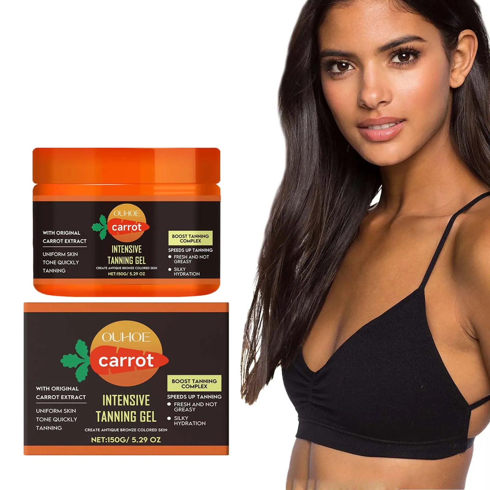 Carrot Tanning Gel Hydrating Lightweight Fast Absorbing Bronzing Gel Moisturizing Natural Sunless Tan Enhancer for Face & Body Qme