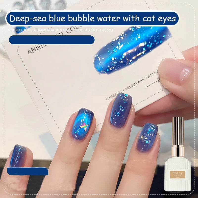 Summer Bubbly Cat Eye Gel Polish, Deep Sea Blue Sparkle Glass Bead Magnetic Nail Gel, 2026 New Shimmer Soak Off Gel for Nail Art Qme Deep Sea Blue